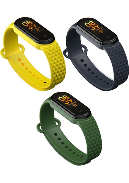 Xiaomi Mi Band 5 ve 6 Uyumlu Elmas Desenli Kordon Seti 3lü - Asker Yeşili/lacivert/sarı