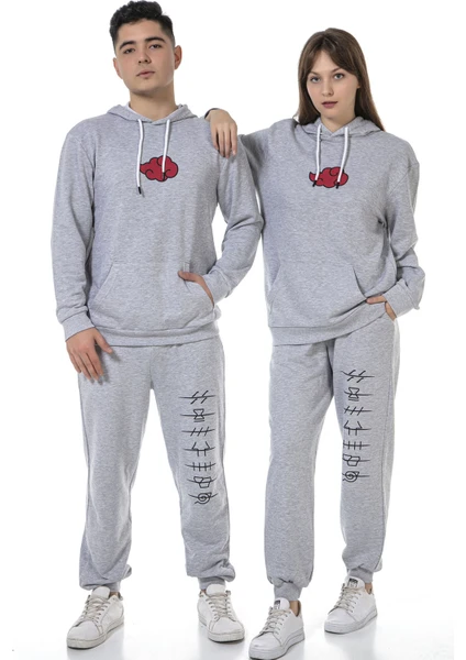 Vıshenka Unisex Anıme Baskılı 3 Iplik Kapüşonlu Kanguru Cepli Gri Renk Sweatshirt Takım