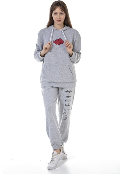 Vıshenka Unisex Anıme Baskılı 3 Iplik Kapüşonlu Kanguru Cepli Gri Renk Sweatshirt Takım