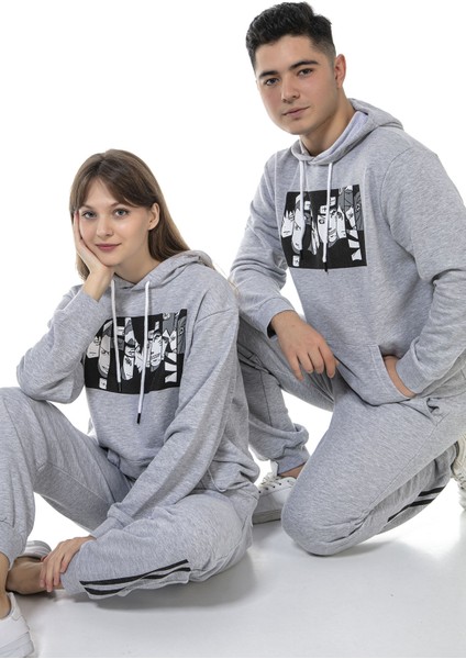 Vıshenka Unisex Anıme Karakter Baskılı 3 Iplik Kapüşonlu Kanguru Cepli Gri Renk Sweatshirt Takım