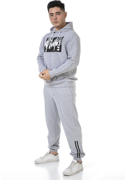 Vıshenka Unisex Anıme Karakter Baskılı 3 Iplik Kapüşonlu Kanguru Cepli Gri Renk Sweatshirt Takım