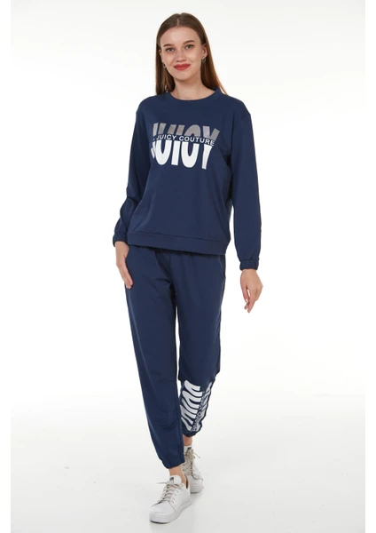 Vıshenka Kadın Juıcy Yazı Baskılı 2 Iplik Alt Üst Indigo Renk Sweatshirt Takım