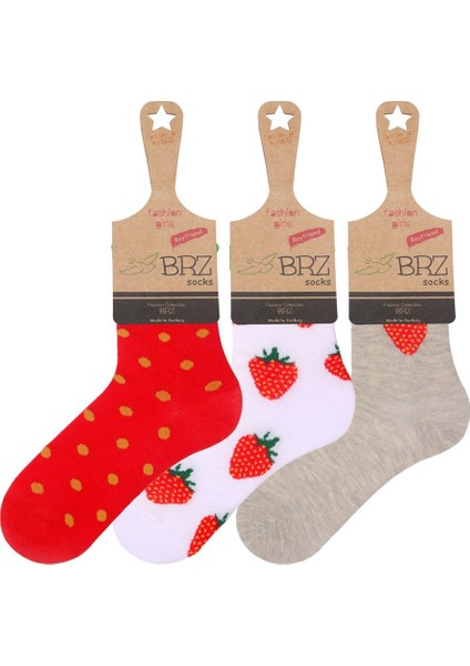 Çilek Desenli Kız Çocuk Çorabı 3lü Set