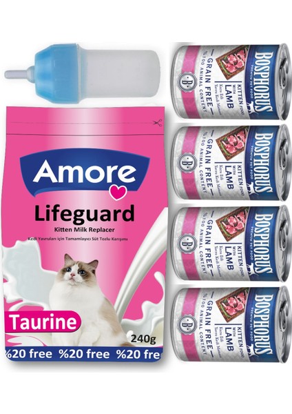 Lifeguard Yavru Kedi Süt Tozu 240 gr + Biberon + Kitten Konserve 4 x 415 gr