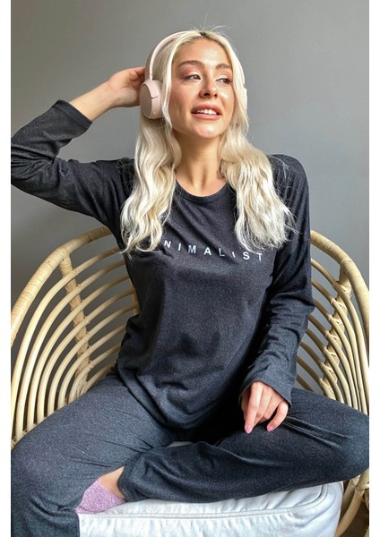 Minimalist Baskılı Bambu Uzun Kol Kadın Pijama Takımı