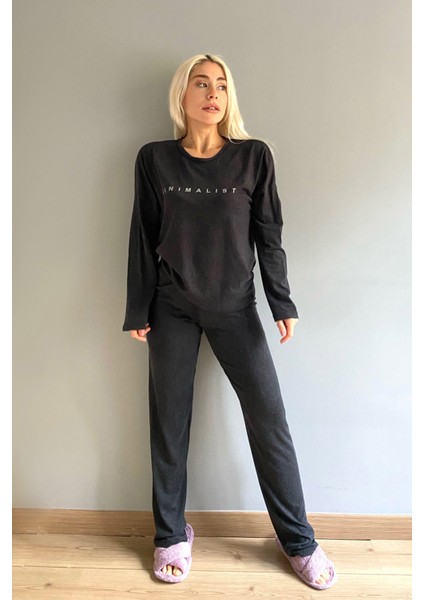 Minimalist Baskılı Bambu Uzun Kol Kadın Pijama Takımı modelleri