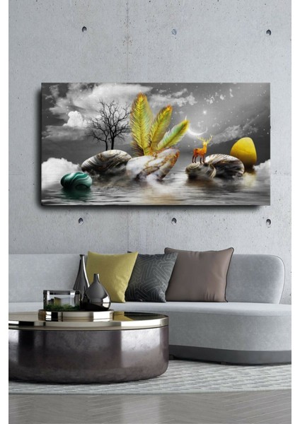 Homearths Dekoratif Soyut Altın Geyik ve Taşlar Sürreal Kanvas Duvar Tablosu 120X60CM