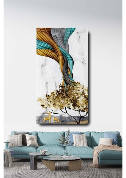 Homearths Dekoratif Soyut Altın Geyik ve Ağaç Sürreal Kanvas Duvar Tablosu 120X60CM Büyük Boy Tablo