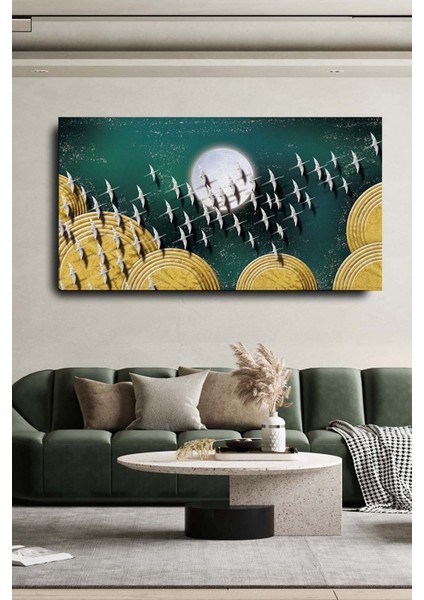 Homearths Dekoratif Soyut Gümüş Kuşlar Sürreal Kanvas Duvar Tablosu 120X60CM Büyük Boy Tablo