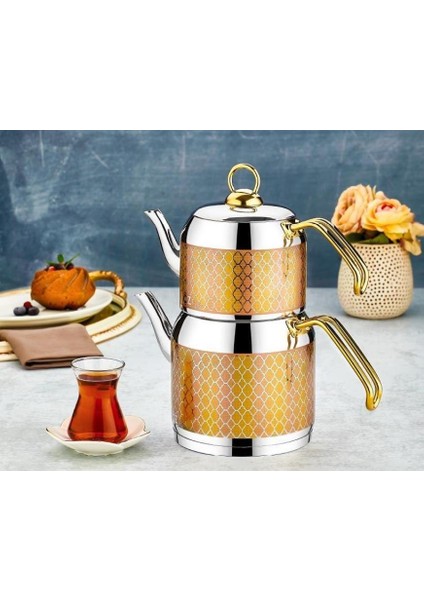 Hüma Inox & Gold Petek Desen Büyük Boy Çaydanlık Takımı 111S