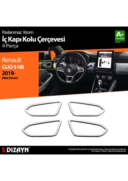 Renault Clio 5 Krom İç Kapı Kolu Çerçevesi 4 Prç. 2019 Üzeri (Mat Krom)
