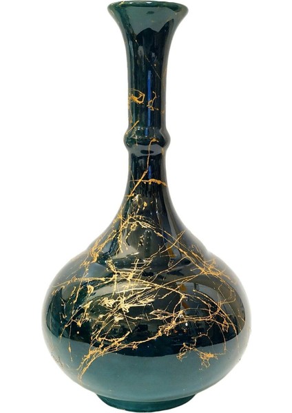 20 cm Çini Gözyaşı Vazo-Zümrüt Yeşil/siyah-Mermer Desenli Kütahya Çinisi