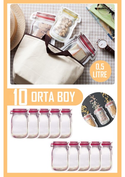 Kavanoz Görünümlü Saklama Poşeti Setleri Kilitlenebilir Çıtçıtlı Buzdolabı Saklama Kabı