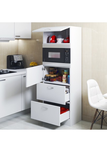 Mikrodalga Fırın Bölmeli Çekmeceli Çok Amaçlı Mutfak Dolabı Beyaz (Multi-Purpose Kitchen Cabinet)