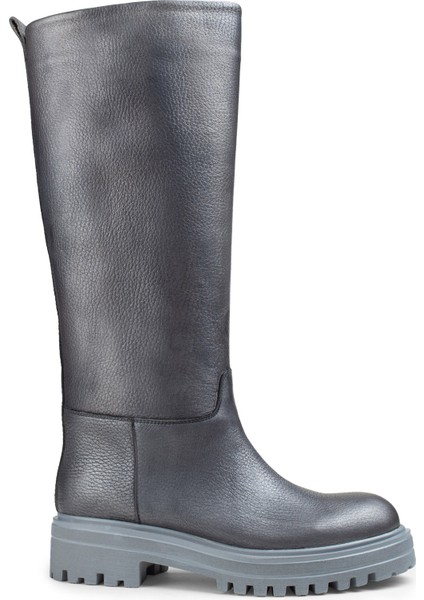 Deri Metalik Gri Kadın Çizme