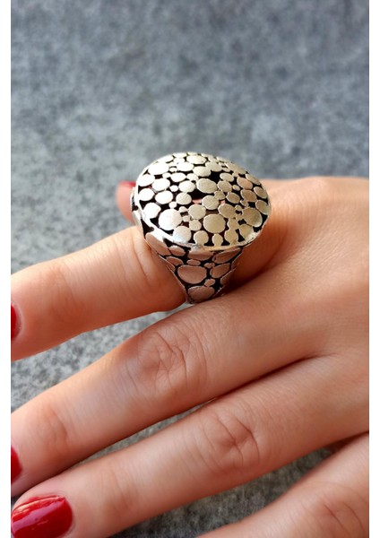 Antik Gümüş Kaplama Daireler Şekilli El Yapımı Ayarlanabilir Yüzük