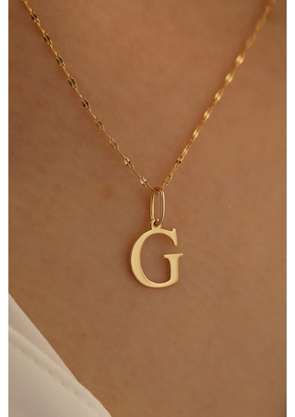 14 Ayar Altın Ince Aynalı Zincir G Harfi Plaka Kolye