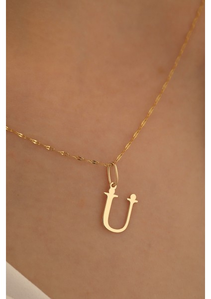 14 Ayar Altın Ince Aynalı Zincir Ü Harfi Plaka Kolye