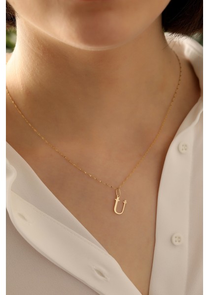 14 Ayar Altın Ince Aynalı Zincir Ü Harfi Plaka Kolye modelleri