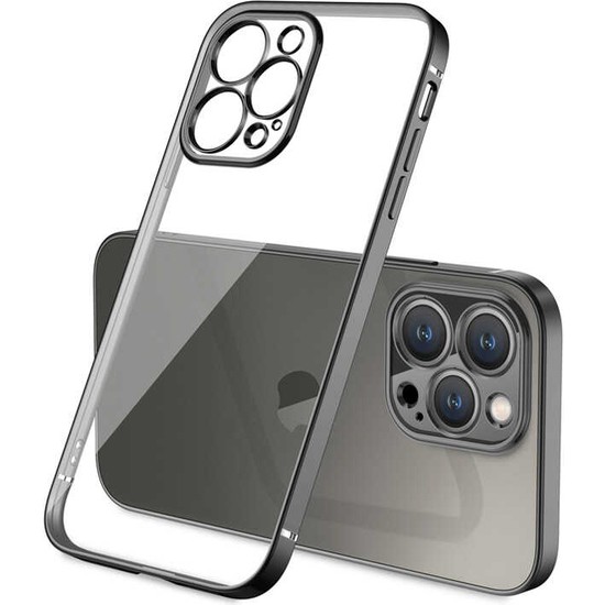 Case 4U Apple iPhone 13 Pro Kılıf Renkli Kenar Elektroplatin Kaplama Darbeye Dayanıklı Şeffaf Yüzey Gbox Kapak Siyah