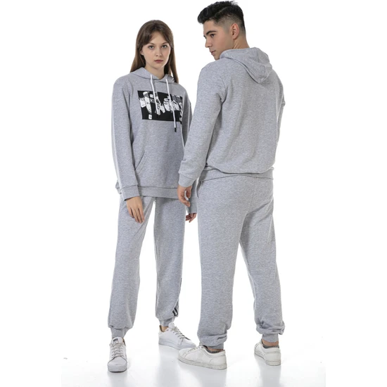 Vıshenka Unisex Anıme Karakter Baskılı 3 Iplik Kapüşonlu Kanguru Cepli Gri Renk Sweatshirt Takım