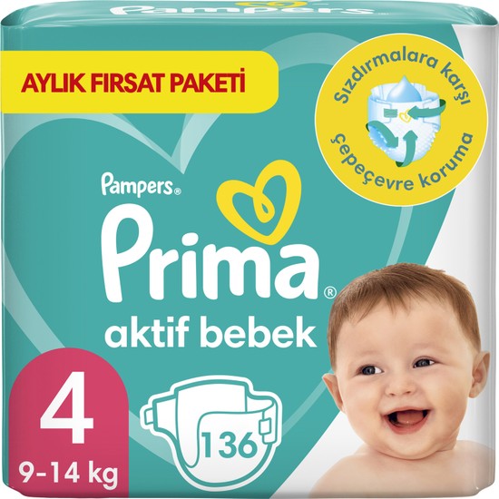 Prima Aktif Bebek Bezi 4 Beden Maxi 9-14 Kg 136lı Aylık Fırsat Paketi