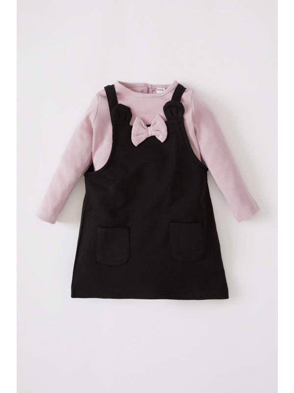 DeFacto Kız Bebek Regular Fit Uzun Kollu Tişört Salopet Elbise Takım W8152A221AU