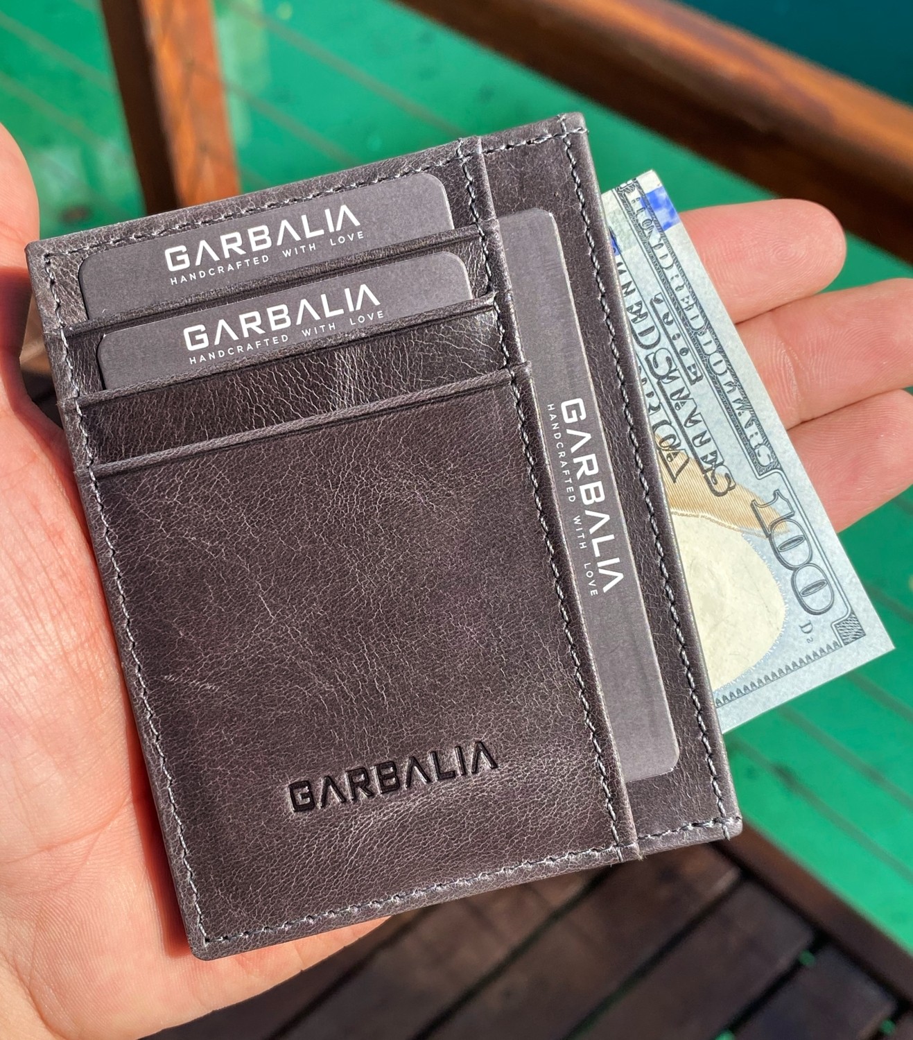 Garbalia Seul Crazy Deri Çift Taraflı Unisex Kartlık Cüzdan Gri görsel 2