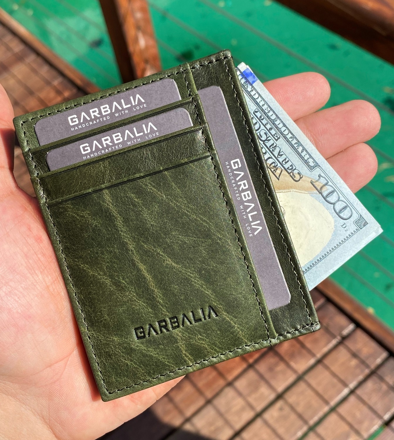 Garbalia Seul Crazy Deri Çift Taraflı Unisex Kartlık Cüzdan Yeşil görsel 2