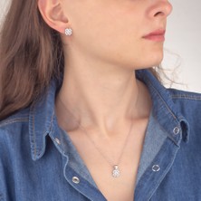 Miavi Silver 925 Ayar Gümüş Pırlanta Modeli Yonca Kolye Küpe Set