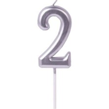 Bal10 Dünyası 2 Yaş Gümüş Rakam Mum Gümüş Renk Doğum Günü Pasta Mumu 12 cm