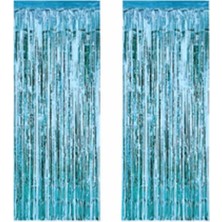 Bal10 Dünyası 2 Adet 90 cm  × 200 cm Metalize Arka Fon Kapı Perdesi Püsküllü Fon Süsü Mavi
