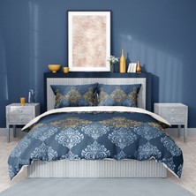 Monohome Premium Luxury Çift Kişilik Nevresim Takımı 3D Pamuk Saten Blue Damask