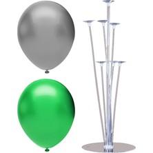 Bal10 Dünyası 7 Çubuklu Balon Standı + 7 Adet Balon ( Gümüş - Koyu Yeşil )