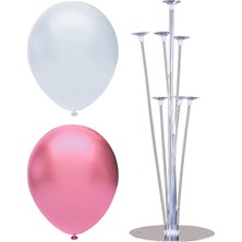 Bal10 Dünyası 7 Çubuklu Balon Standı + 40 Adet Balon ( Pembe - Beyaz )