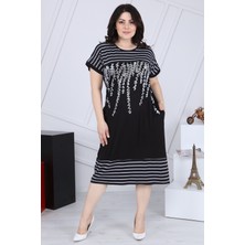 Siyah Çiçek Baskılı Çizgili Kombin Elbise