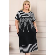 Yuvarlak Yaka Zeytin Dallı Çizgili Bloklu Kısa Kol Rahat Elbise