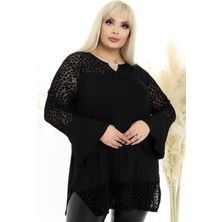 Yakası Zincirli Tül Üzeri Flok Baskılı Volanlı Uzun Kollu Tunik