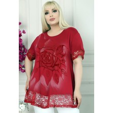 Kheos Etek ve Kol Ağzı Dantelli Flok Baskılı Gül Motifli Tunik