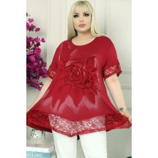 Kheos Etek ve Kol Ağzı Dantelli Flok Baskılı Gül Motifli Tunik