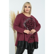 Etek Ucu Deri Detaylı Önü Çiçek Taş Işlemeli Uzun Kollu Tunik