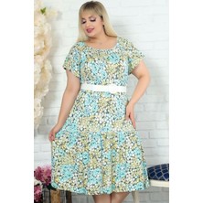 Özel Tasarım Madonna Yaka Çiçekli Kısa Kol Kemerli Rahat Elbise