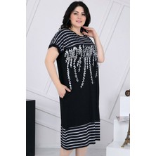 Bloklu Zeytin Dallı Çizgili Yuvarlak Yaka Kısa Kol Rahat Elbise