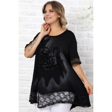 Etek ve Kol Ucu Dantelli Flok Baskılı Gül Motifli Kısa Kol Tunik