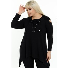 Omuz Dekolteli Göğsü Bağcıklı Uzun Kol Asimetrik Dökümlü Tunik