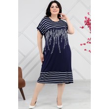 Yuvarlak Yaka Zeytin Dallı Çizgili Bloklu Kısa Kol Rahat Elbise