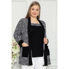 Küçük Leopar Desen Özel Tasarım Dökümlü Cepli Hırka Bluz Kombini