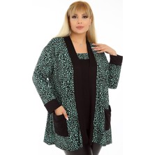 Kheos Özel Tasarım Leopar Desen Dökümlü Cepli Hırka Bluz Kombini