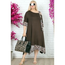 Leopar Desen Omuz Dekolteli Tokalı Asimetrik Likralı Abiye Elbise