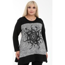 Çiçek Motifi Taş Işlemeli Yuvarlak Yaka Uzun Kol Rahat Tunik